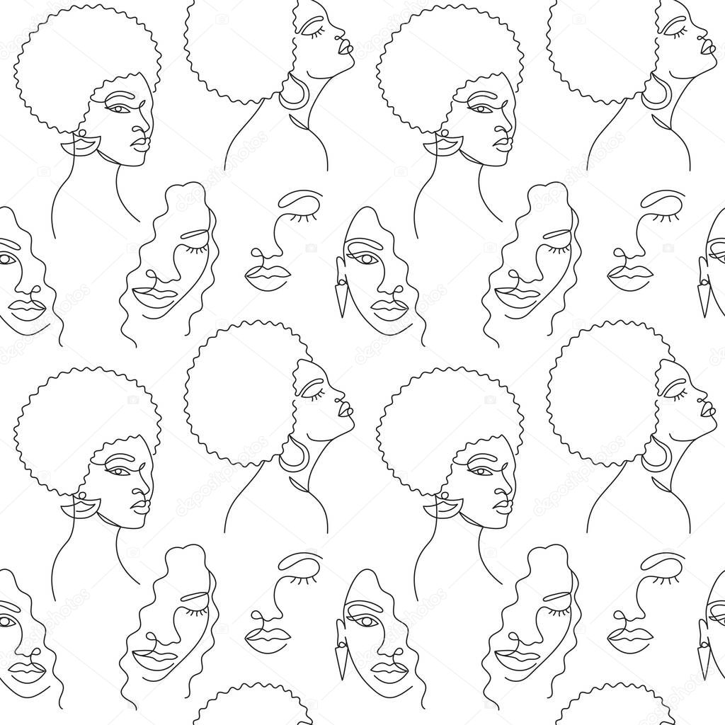 Seamless pattern with a face of an Afro women in a modern abstract minimalist one line style with minimal shapes. Continuous black line of an African girl simple drawing. Vector illustration.