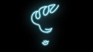 Modern, minimalist, minimalist bir kadının neon yüzü. Tropik yeşil yaprak aydınlatması. Aralıksız basit doğrusal fütüristik elektrik ışık tasarımı. 2D animasyon. Turkuaz cyan rengi.