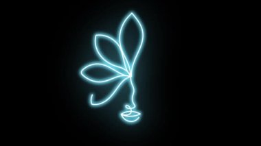 Modern, minimalist, minimalist bir kadının neon yüzü. Tropik yeşil yaprak aydınlatması. Aralıksız basit doğrusal fütüristik elektrik ışık tasarımı. 2D animasyon. Turkuaz cyan rengi.