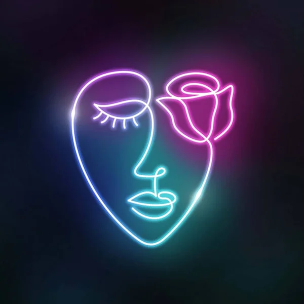 Neon face of a woman in a modern abstract minimalist one line style. Rose flower illumination. Continuous simple linear futuristic electric light design. Turquoise cyan color.