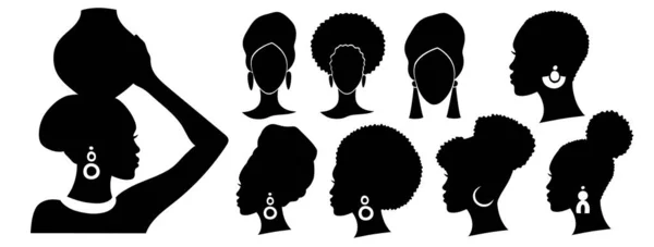 Conjunto Siluetas Una Mujer Afroamericana Chica Africana Dibujo Simple Aislado — Vector de stock