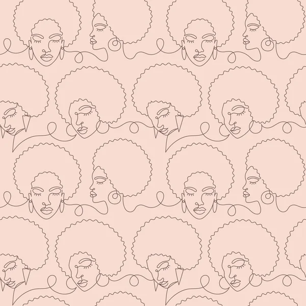 Kusursuz desenli, modern, soyut, minimalist, minimal şekilli Afro bir kadın yüzü. Afrikalı bir kızın sürekli çizdiği siyah çizgi. Vektör illüstrasyonu.