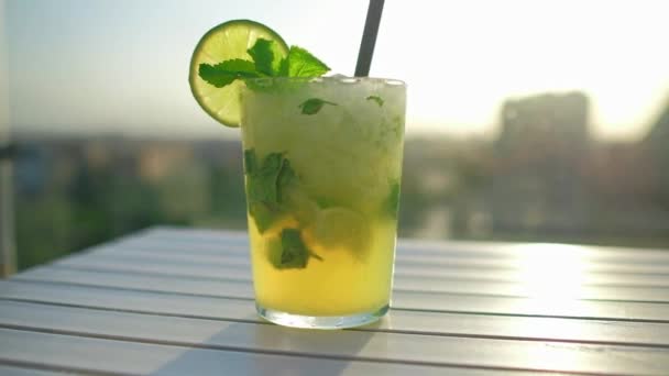 Tropical Cocktail Decorated Fresh Lime Mint Leaves Mojito Drink Beautiful — Vídeo de stock