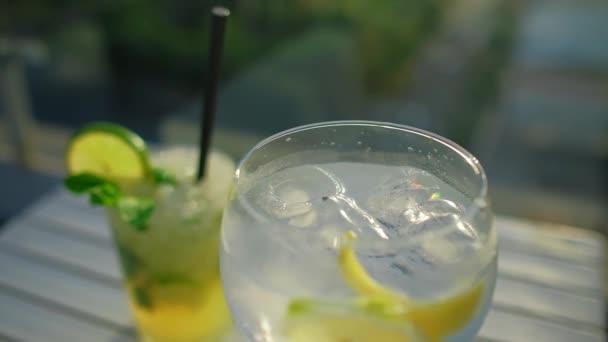 Tropický Koktejl Zdobený Čerstvým Vápnem Mátovými Listy Mojito Gin Tonikem — Stock video