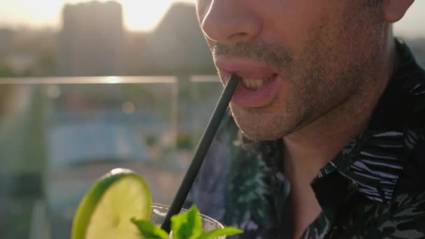 Man Drinking Cocktail Close Face Glass Straw Slow Motion Video — Vídeo de stock