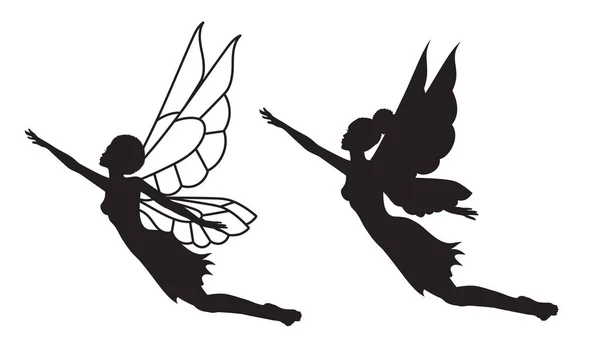 Collection Silhouettes Afro Fairy Woman African Girl Wings Simple Drawing — Stockový vektor