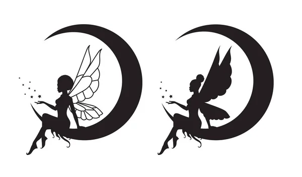 アフリカの妖精の女性のシルエットのコレクション 翼の簡単な図面を持つアフリカの女の子 天体の三日月と星 白に隔離されてる ベクターイラスト — ストックベクタ