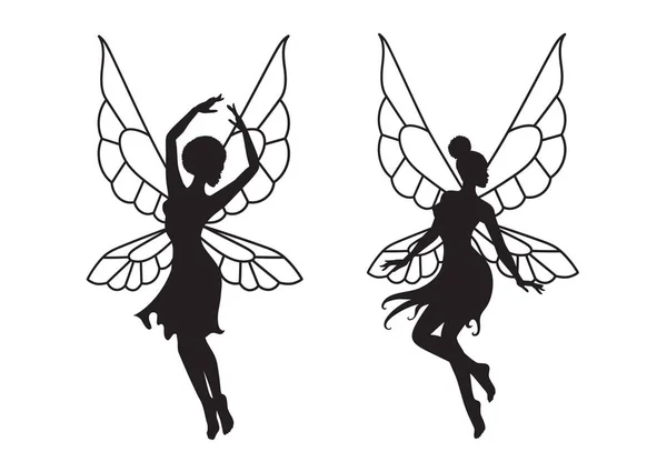 Collection Silhouettes Afro Fairy Woman African Girl Wings Simple Drawing — Stock Vector