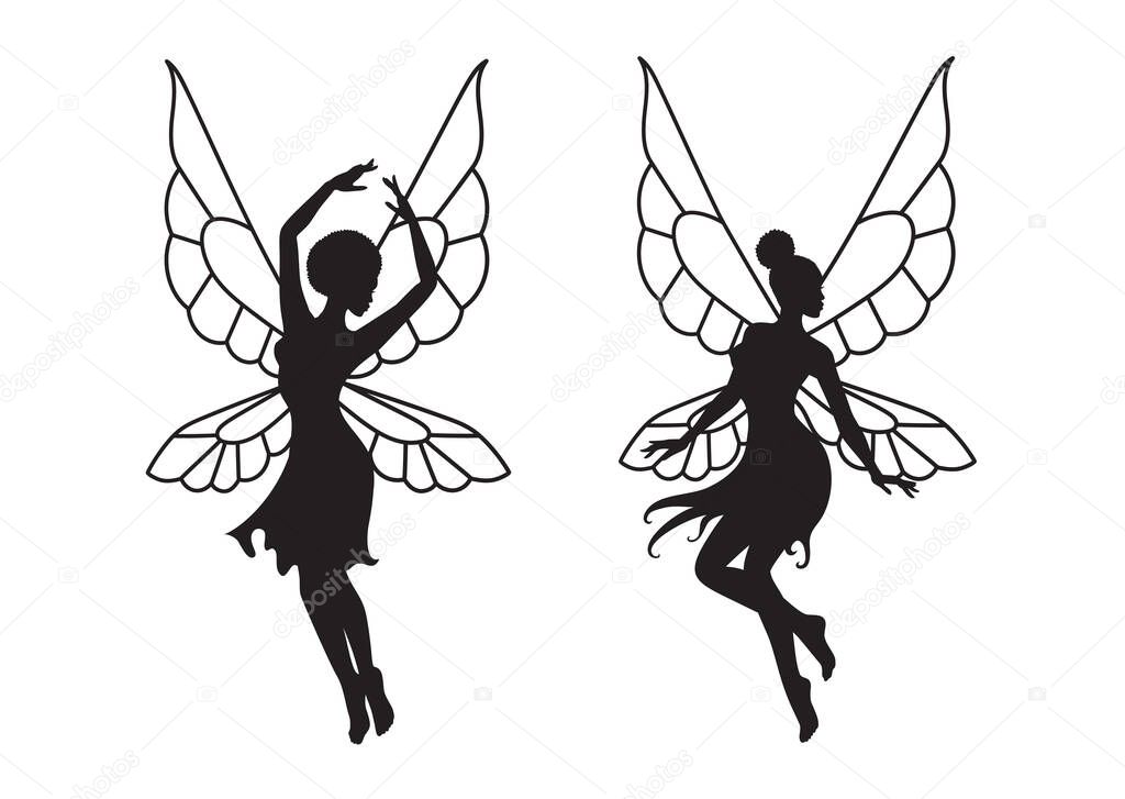 Collection of silhouettes of an Afro fairy woman. African girl with wings simple drawing. Isolated on white. Vector illustration.