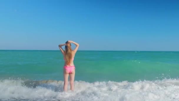 Tall Woman Long Hair Back Beach Mediterranean Sea Waves Background — Stockvideo