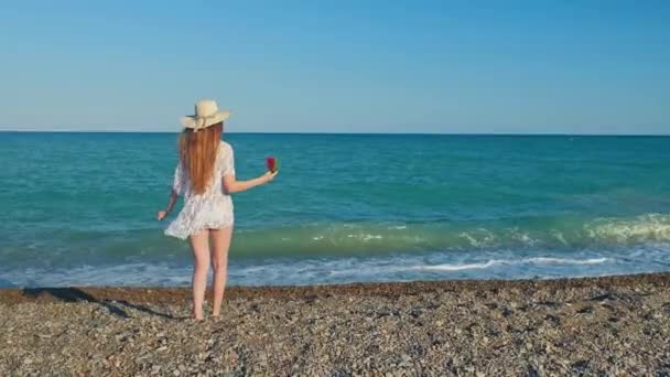 Tall Woman Long Hair Back Beach Walking Watermelon Mediterranean Sea — Vídeo de stock