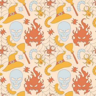 Geçmişe dönük 70 'lerin tarzında cadılar bayramı öğelerine sahip kusursuz bir model. Örümcek, kafatası, ağ, şapka, ateş, süpürge. Sonbahar sade minimalist geçmişi. 1970 'lerin havası güzel. Vektör illüstrasyonu.