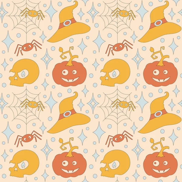 Seamless Pattern Retro 70S Style Halloween Elements Skull Hat Spider — Image vectorielle