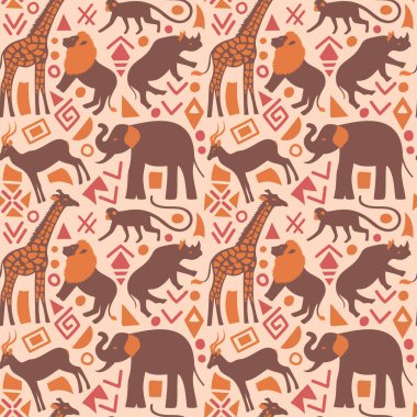 Abstract African seamless pattern with wild animals. Ethical minimalist wrapping paper. Afro oriental wallpaper. Beautiful geometric simple shapes. Elephant, lion, giraffe. Vector illustration.