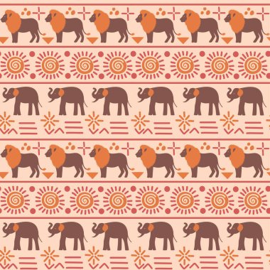 Abstract African seamless pattern with wild animals. Ethical minimalist wrapping paper. Afro oriental wallpaper. Beautiful geometric simple shapes. Elephant, lion. Vector illustration