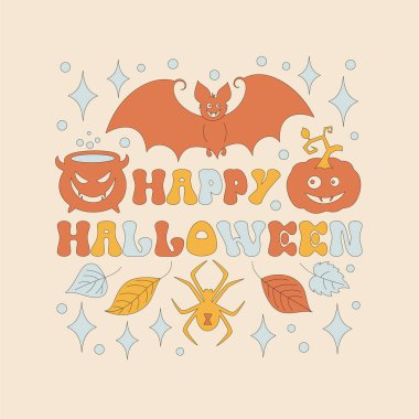 Lettering with retro 70s style Halloween elements. Bat, spider, leaves and a pumpkin. Happy Halloween phrase text. Autumn simple minimalist background with sparkles. Vector illustration.