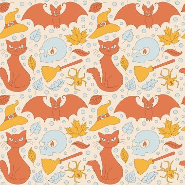 Seamless pattern with retro 70s style Halloween elements. Skull, hat, spider and cat. Autumn simple minimalist background with sparkles. 1970 good vibes. Vector illustration. 