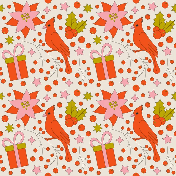Seamless Pattern Retro 70S Style Christmas Elements Poinsettia Leaves Merry — Stockvektor