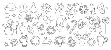 Noel unsurları sanat tarzında dizilmiş. Kış grafik ikonu koleksiyonu. Tatil karalaması. Yaratıcı Xmas festivali doğrusal tasarımı özetliyor. Beyazda izole edilmiş. 