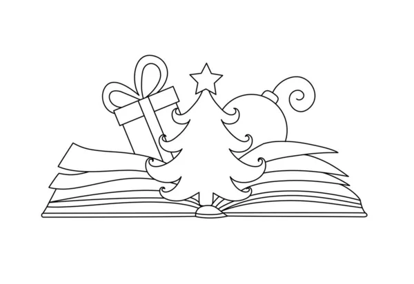 Weihnachtliche Elemente Mit Einem Buch Linienkunststil Grafik Ikone Winter Ferien — Stockvektor