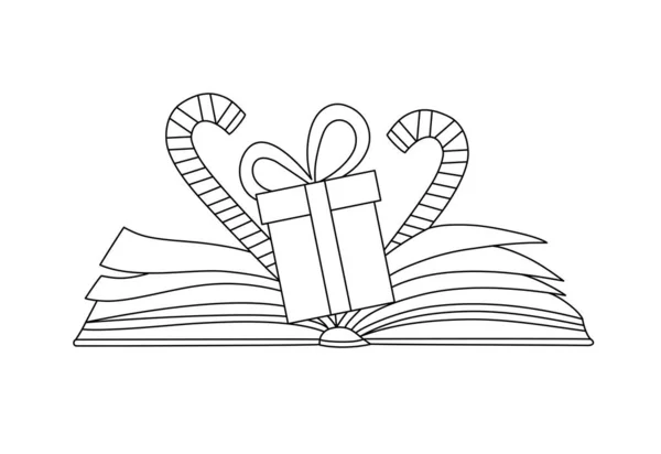 Éléments Noël Avec Livre Dans Style Line Art Icône Graphique — Image vectorielle