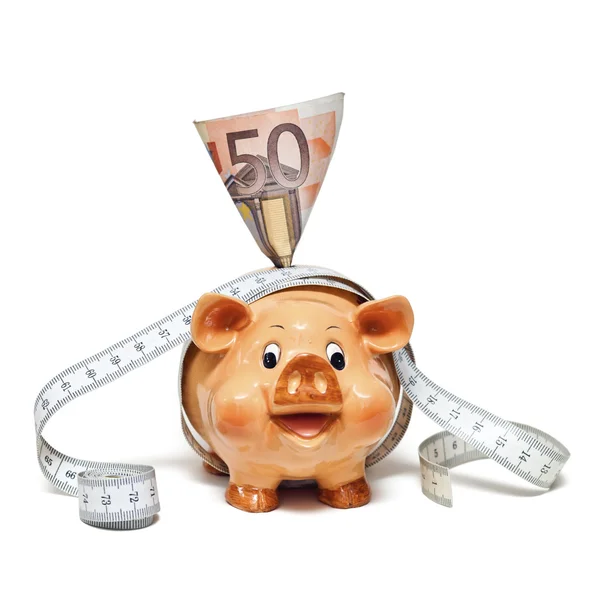 Piggy Bank con billete de 50 euros y cinta métrica — Foto de Stock