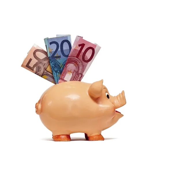 Piggy Bank com notas de euro na faixa horária — Fotografia de Stock