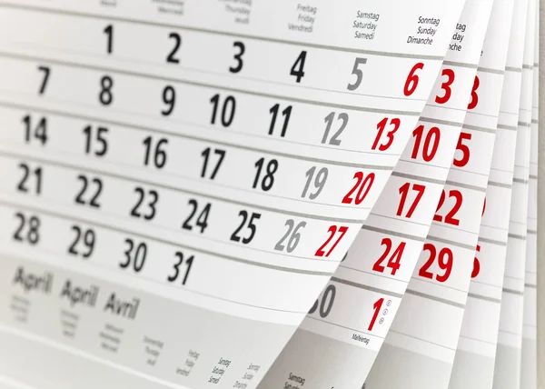 Frammento di calendario con fogli semiaperti in diverse angolazioni — Foto Stock