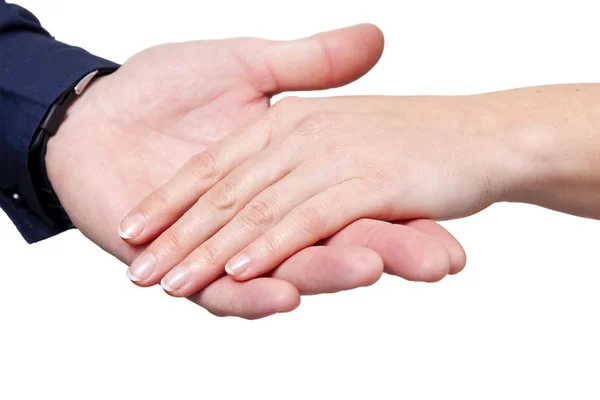Мужчина и женщина пожимают руки, изолированные на белом — стоковое фото