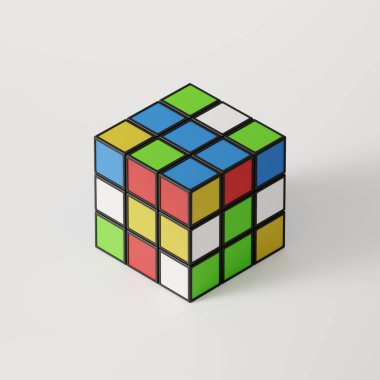 Rubik küp bulmacasının başlangıcı, beyaz arkaplanda küp, 3D görüntüleme