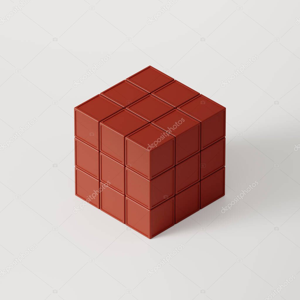 large red cube made of compound cubes on a white background, 3D rendering