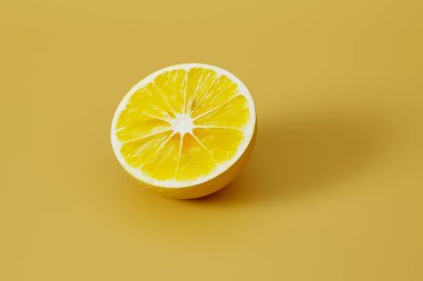 Sarı arka planda yarım limon, site afişi, stüdyo çekimi, 3D görüntüleme.