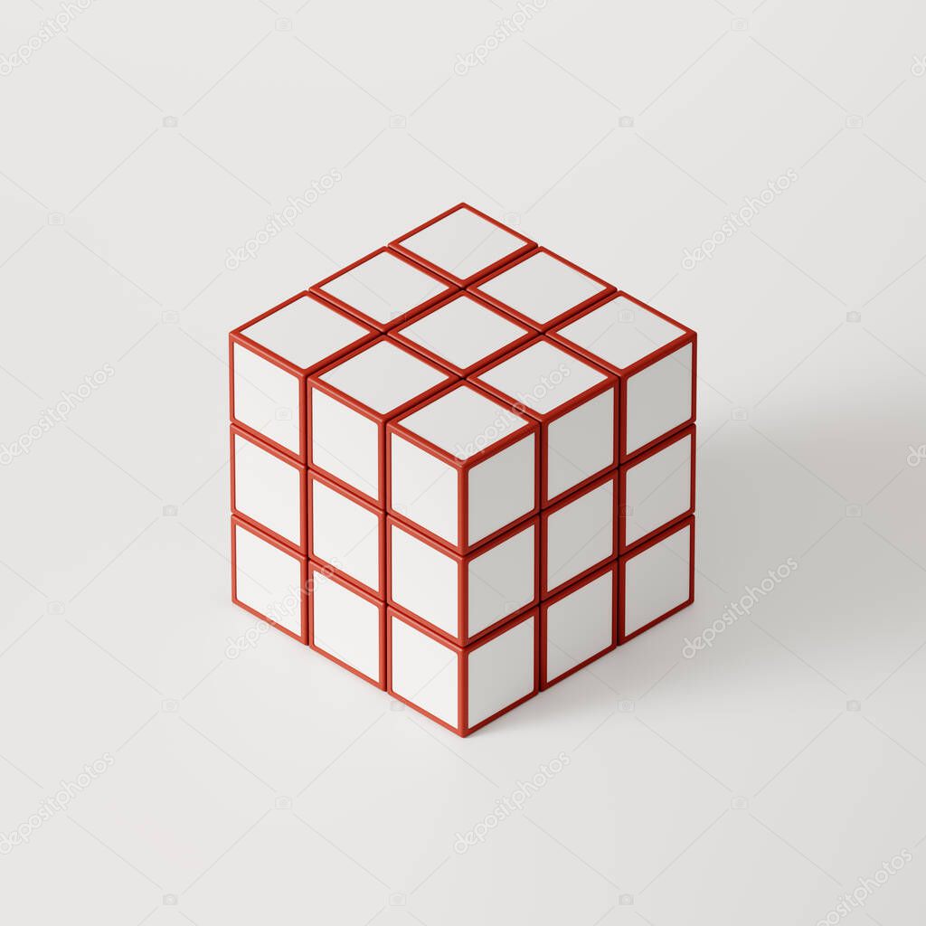 large white cube made up of small white cubes with red edges on a white background, 3D rendering