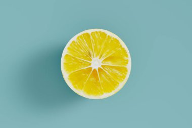 Mavi arka planda bir dilim limon, site afişi, stüdyo çekimi, 3D görüntüleme.