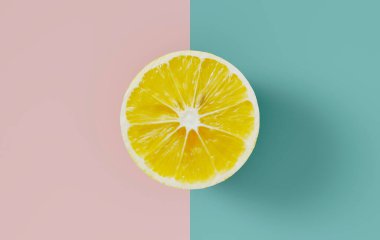 Renkli bir arkaplanda bir dilim limon, site için afiş, stüdyo çekimi, 3D görüntüleme