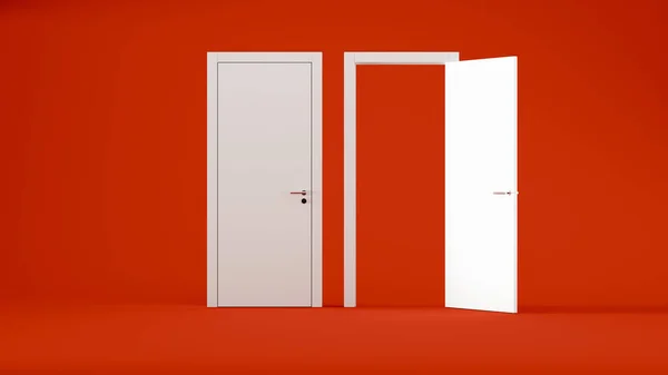 赤い背景の上に白い扉を2つ開いて閉じます — ストック写真