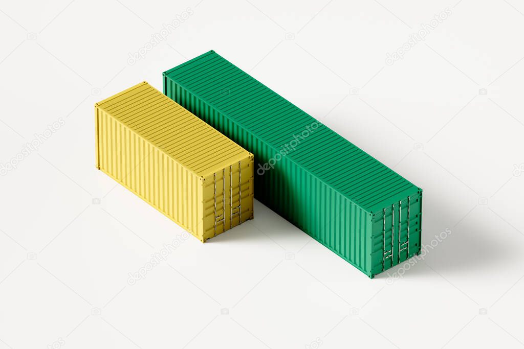 two sea containers of different sizes and colors, isolated on a white background, 20 feet and 40 feet, banner or source, poster, 3d rendering
