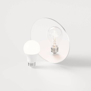 beyaz arkaplandaki aynada farklı ampul yansıması, motivasyon metaforu, işaret veya uyarıcı