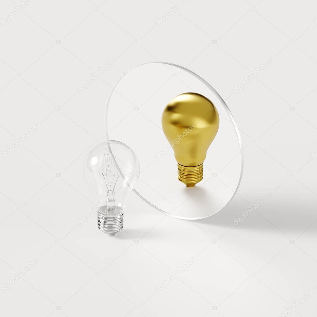 different light bulb reflection in mirror on white background, motivational metaphor, sign or stimulus