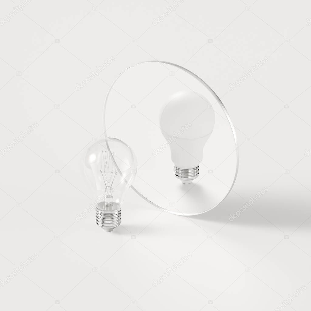 different light bulb reflection in mirror on white background, motivational metaphor, sign or stimulus