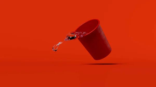 落下する赤いカップに水のスプラッシュ カップから飛び出る 赤の背景 ソースまたはテンプレート 動きの瞬間 3Dレンダリング — ストック写真