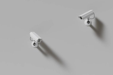 Beyaz bir duvarda iki güvenlik kamerası, güvenlik sistemi, web pankartı ya da şablon, 3D görüntüleme