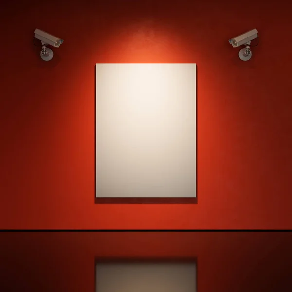 Tela Pintura Iluminada Uma Parede Vermelha Sob Supervisão Duas Câmeras — Fotografia de Stock