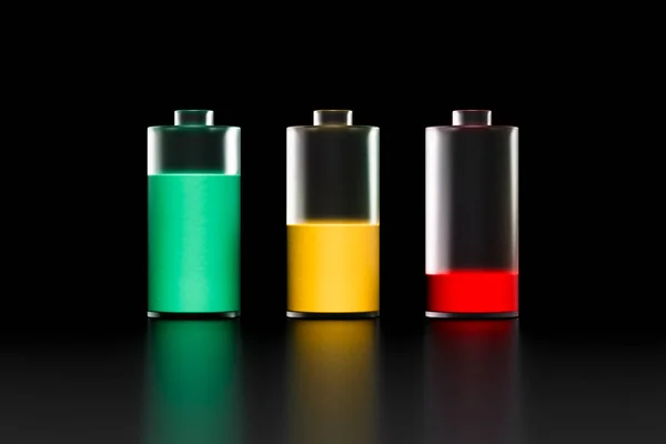 Conjunto Tres Baterías Transparentes Con Diferentes Niveles Carga Sobre Fondo — Foto de Stock