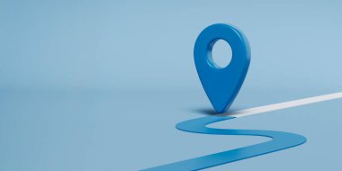 Harita veya konum belirleyici işaretleyici, mavi arkaplan üzerinde mavi navigasyon simgesi, kaynak veya şablon, 3d oluşturma