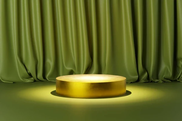緑の床に銅製のスタンド又は台座及び背景に緑のカーテン 広告用の台座又は表彰台 テンプレート又はソース 3Dレンダリング — ストック写真
