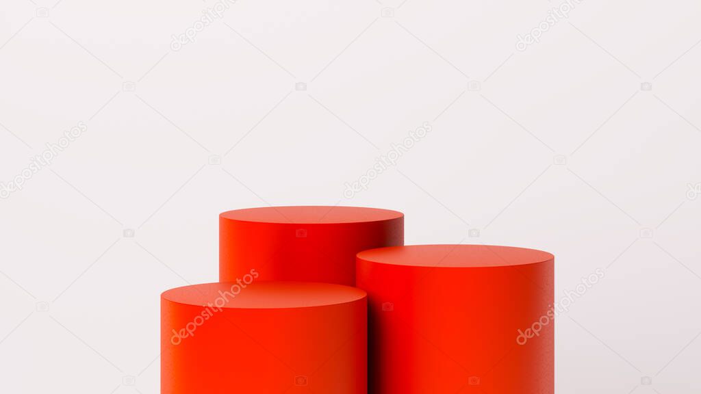 three red blank cylindrical stands on a white background, stand or podium for presentations. source or template. 3d rendering