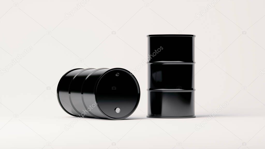 two black metal barrels for oil products or other use isolated on a white background. 3d render