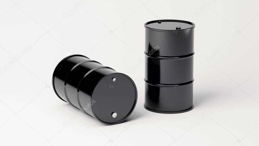 two black metal barrels for oil products or other use isolated on a white background. 3d render