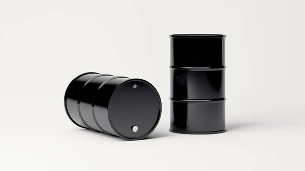 Två Svarta Metallfat För Oljeprodukter Eller Annan Användning Isolerade Vit — Stockfoto